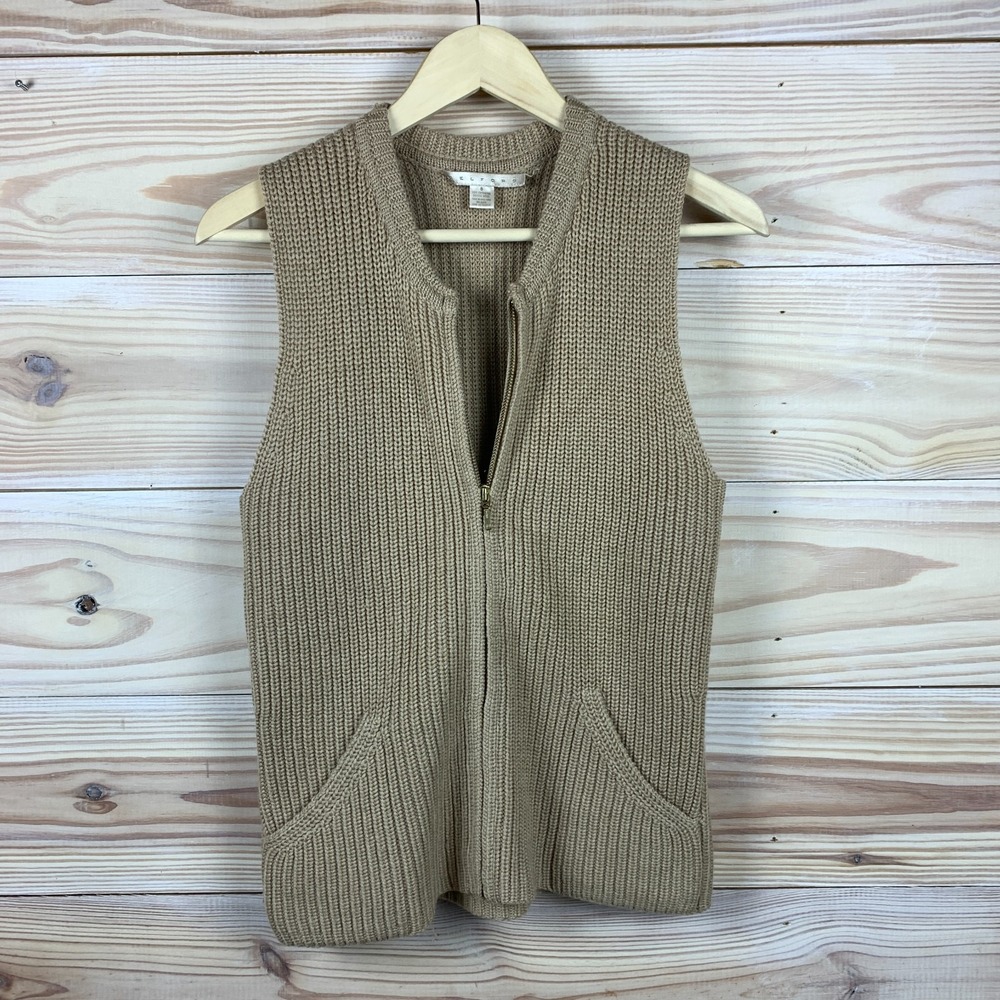 Vtg 90s Belford Sweater Vest Women Merino Wool Zip Beige Ribbed Academia